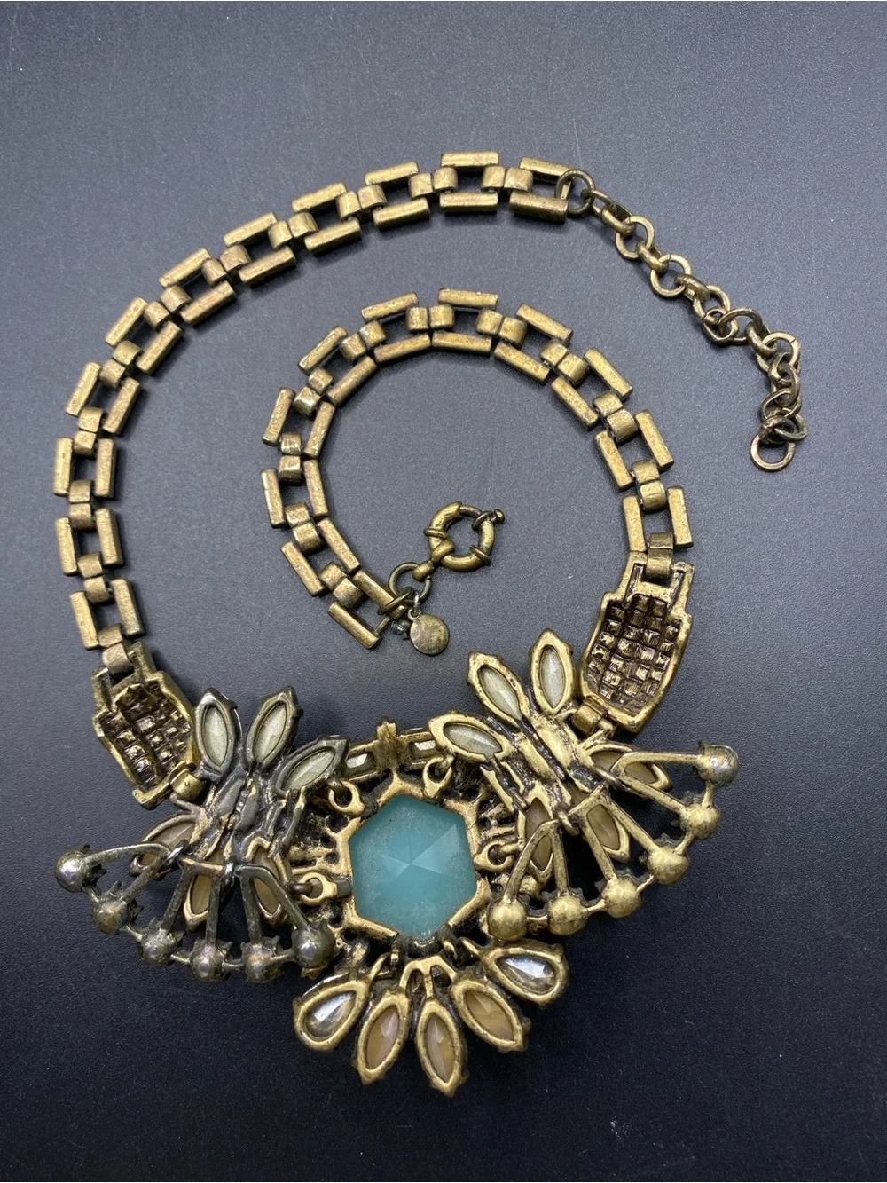 J. CREW Antiqued Gold Chain Floral Crystal Rhinestone Light Blue Necklace
